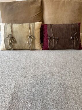 Bundle of Two Decorative Bow-Tie Accent Throw Pillows - Gold, Brown, Burgundy